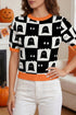 Geometric Ghost Trim Short Sleeve Featured Knit Sweater