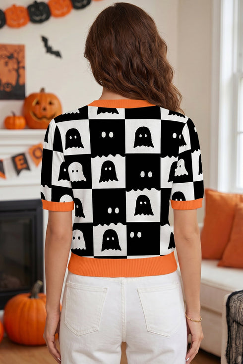 Geometric Ghost Trim Short Sleeve Featured Knit Sweater