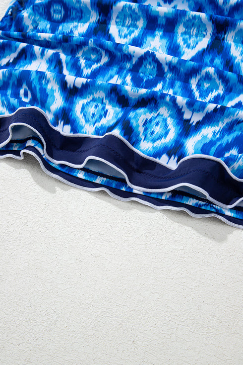Geometric Ikat Ruffle Trim Strap Tankini Top