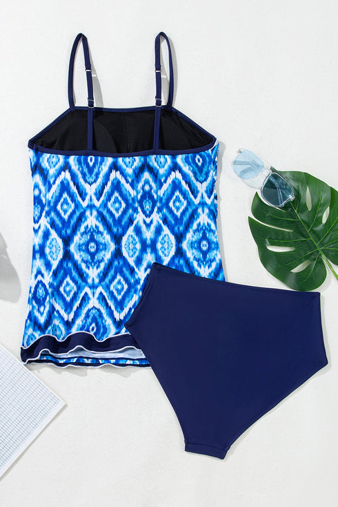 Geometric Ikat Ruffle Trim Strap Tankini Top