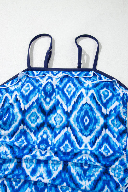 Geometric Ikat Ruffle Trim Strap Tankini Top