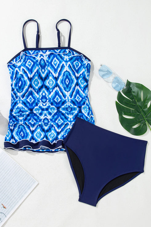 Geometric Ikat Ruffle Trim Strap Tankini Top