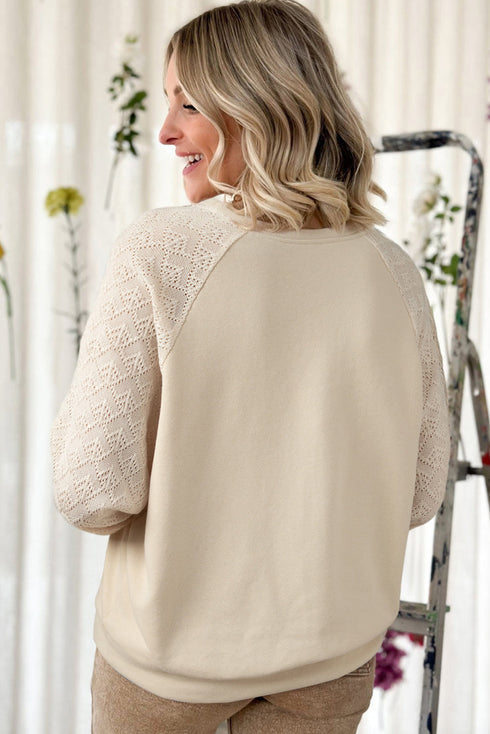 Geometric Lace Sleeve Mixed Media Raglan Top