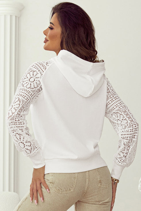 Geometric Lace Sleeve Soft Knit Pullover Hoodie