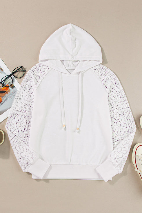 Geometric Lace Sleeve Soft Knit Pullover Hoodie