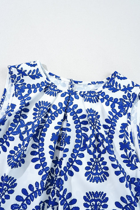 Geometric Medallion Print Pleated Sleeveless Woven Top