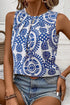 Geometric Medallion Print Pleated Sleeveless Woven Top