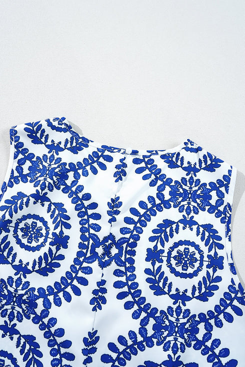 Geometric Medallion Print Pleated Sleeveless Woven Top