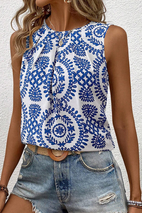 Geometric Medallion Print Pleated Sleeveless Woven Top