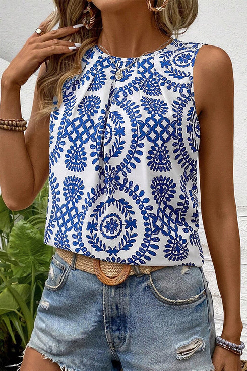 Geometric Medallion Print Pleated Sleeveless Woven Top