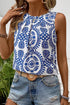 Geometric Medallion Print Pleated Sleeveless Woven Top