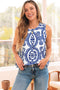 Geometric Medallion Print Pleated Sleeveless Woven Top