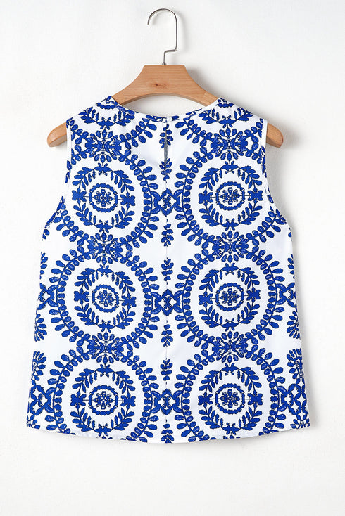 Geometric Medallion Print Pleated Sleeveless Woven Top