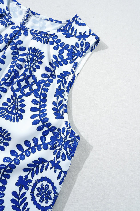 Geometric Medallion Print Pleated Sleeveless Woven Top