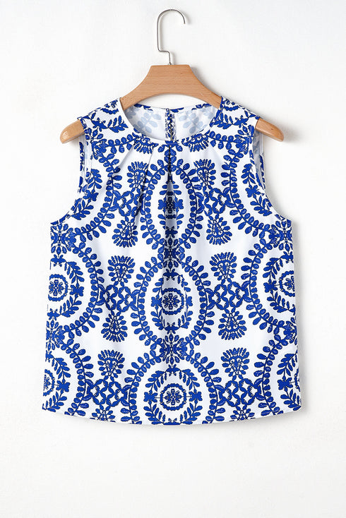 Geometric Medallion Print Pleated Sleeveless Woven Top