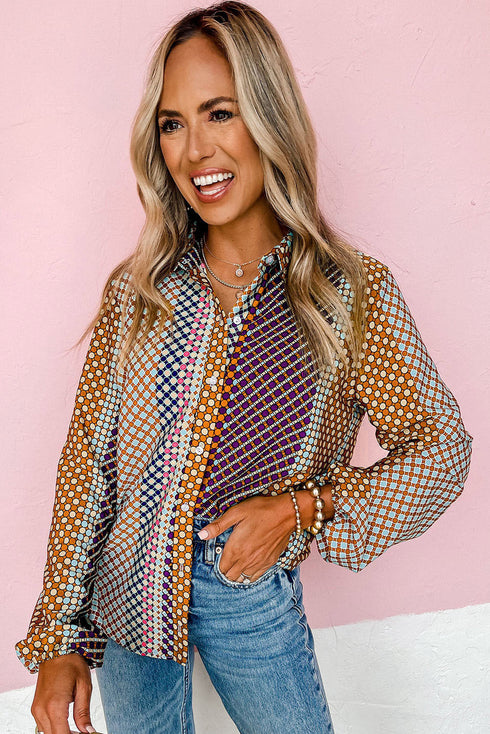 Geometric Mixed Print Collared Button Down Shirt