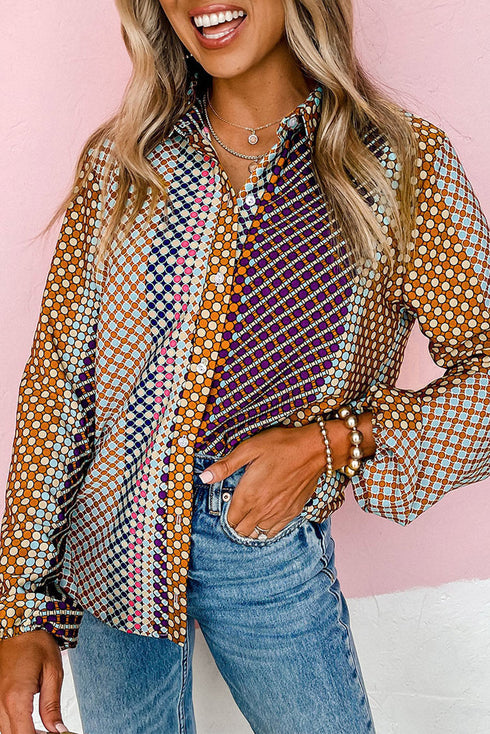 Geometric Mixed Print Collared Button Down Shirt