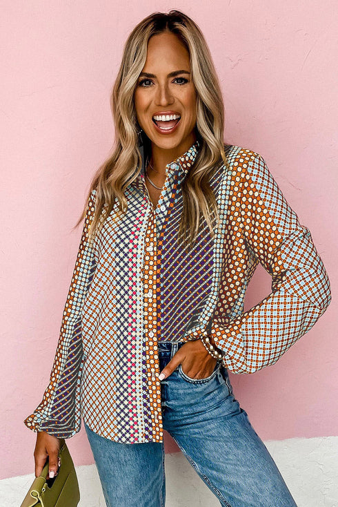 Geometric Mixed Print Collared Button Down Shirt