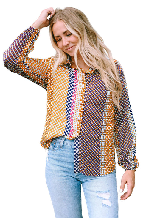 Geometric Mixed Print Collared Button Down Shirt