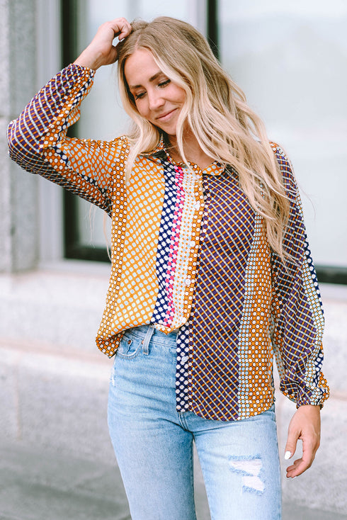 Geometric Mixed Print Collared Button Down Shirt