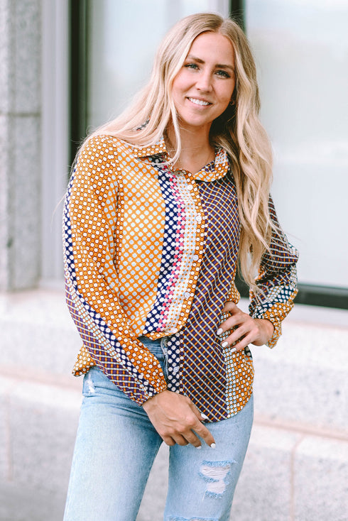 Geometric Mixed Print Collared Button Down Shirt