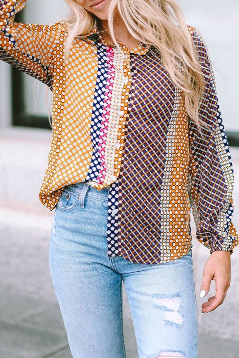 Geometric Mixed Print Collared Button Down Shirt