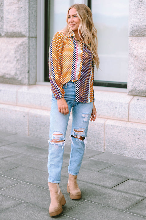 Geometric Mixed Print Collared Button Down Shirt
