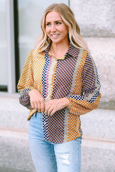 Geometric Mixed Print Collared Button Down Shirt