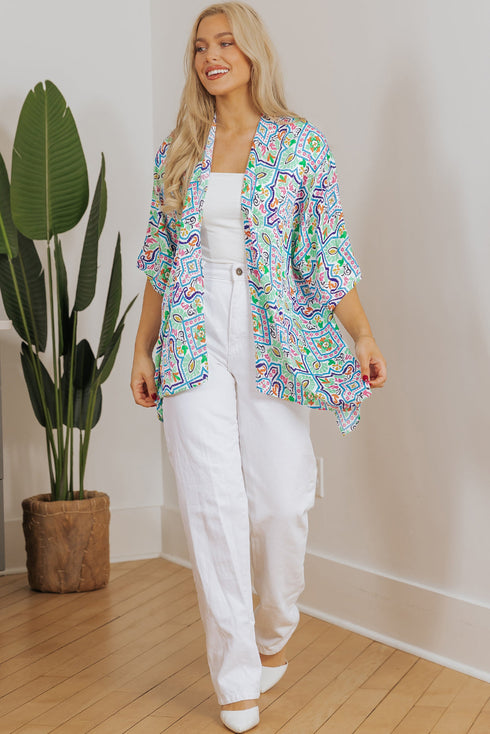 Geometric Mosaic Print Open Front Woven Kimono