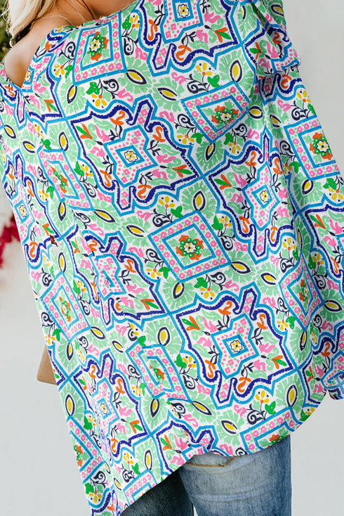 Geometric Mosaic Print Open Front Woven Kimono