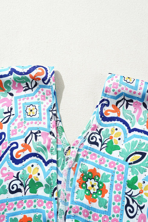 Geometric Mosaic Print Open Front Woven Kimono