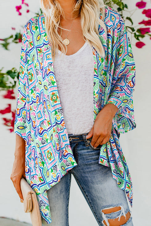 Geometric Mosaic Print Open Front Woven Kimono