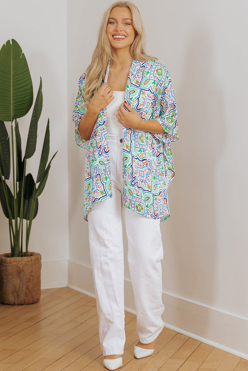 Geometric Mosaic Print Open Front Woven Kimono