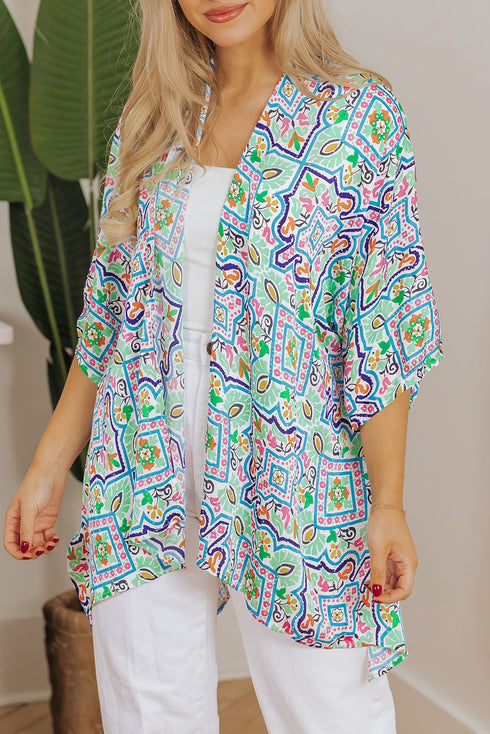 Geometric Mosaic Print Open Front Woven Kimono