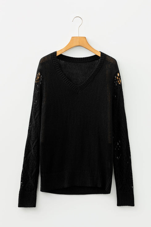 Geometric Open Knit Sleeve V Neck Sweater