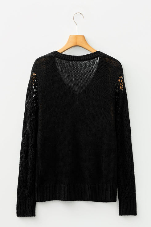 Geometric Open Knit Sleeve V Neck Sweater