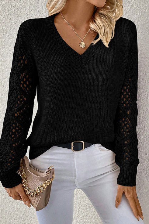 Geometric Open Knit Sleeve V Neck Sweater