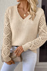 Geometric Open Knit Sleeve V Neck Sweater