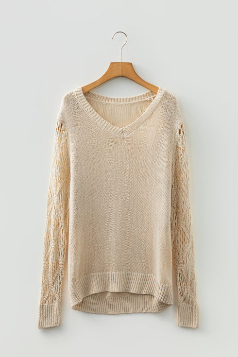 Geometric Open Knit Sleeve V Neck Sweater