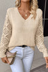 Geometric Open Knit Sleeve V Neck Sweater