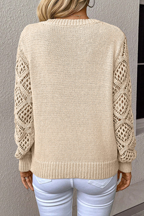 Geometric Open Knit Sleeve V Neck Sweater