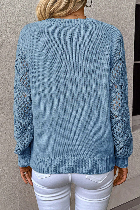 Geometric Open Knit Sleeve V Neck Sweater