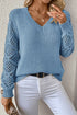 Geometric Open Knit Sleeve V Neck Sweater