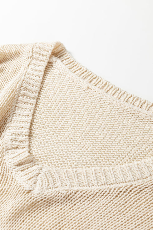 Geometric Open Knit Sleeve V Neck Sweater