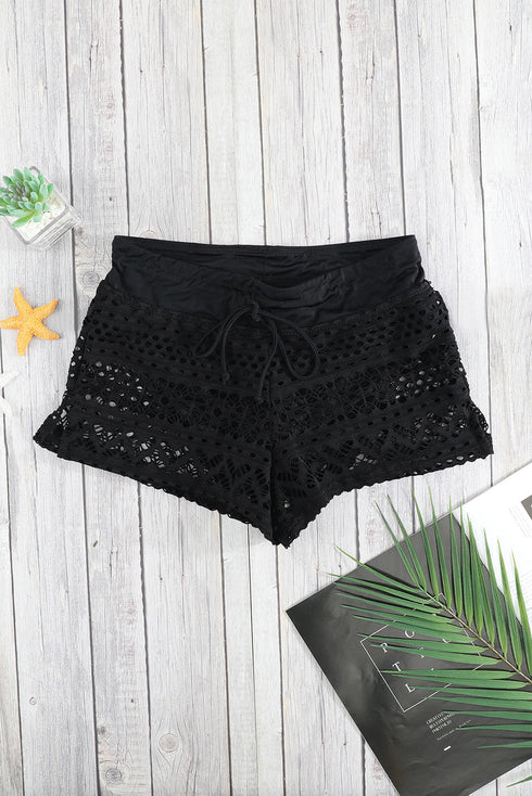 Geometric Openwork Drawstring Waist Swim Cover Up Shorts