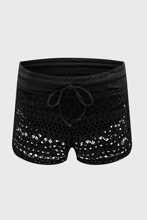 Geometric Openwork Drawstring Waist Swim Cover Up Shorts