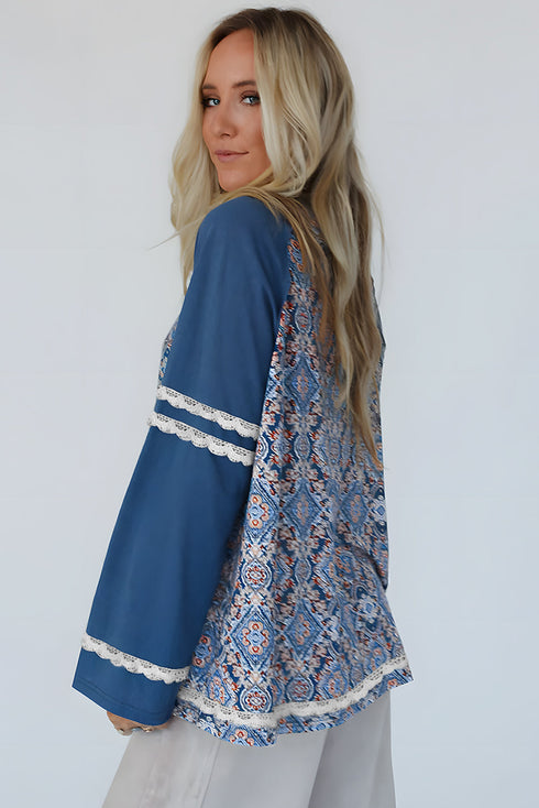 Geometric Paisley Lace Patchwork Raglan Sleeve Top