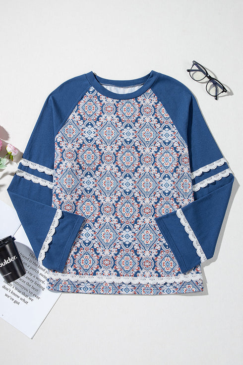 Geometric Paisley Lace Patchwork Raglan Sleeve Top