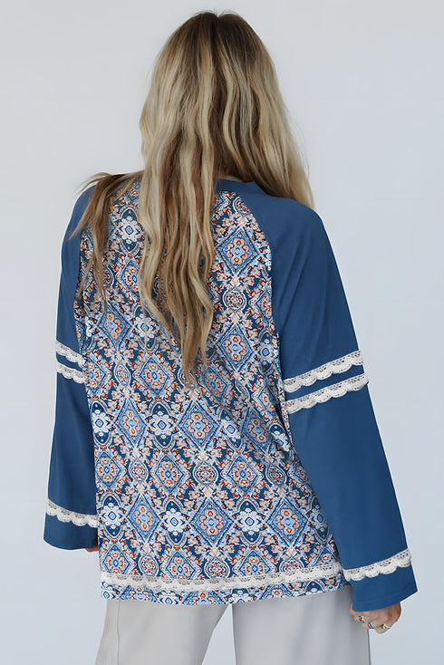 Geometric Paisley Lace Patchwork Raglan Sleeve Top