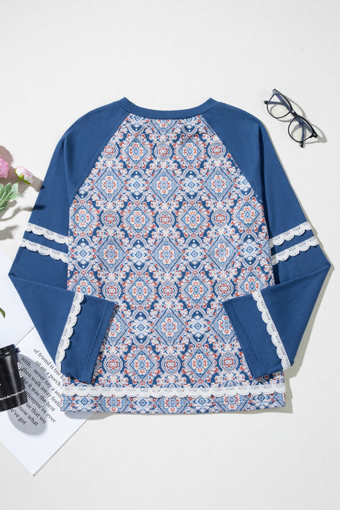Geometric Paisley Lace Patchwork Raglan Sleeve Top